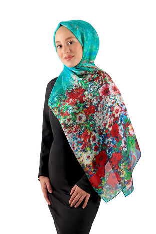 Water Green Patterned Voile Silk Imported Scarf - Thumbnail