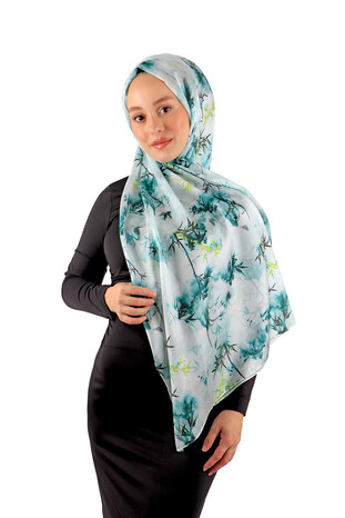 Water Green Patterned Voile Silk Imported Scarf - Thumbnail