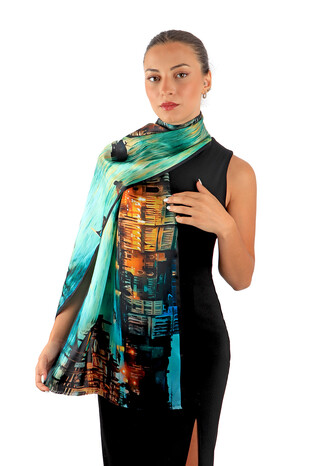 Water Green Venice Silk Painting Foulard - Thumbnail