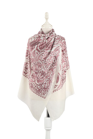 White Embroidered Wool Silk Shawl - Thumbnail