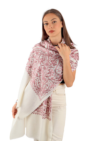 White Embroidered Wool Silk Shawl - Thumbnail