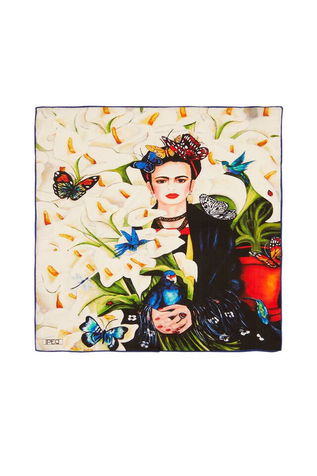 White Frida Pattern Silk Pocket Square 