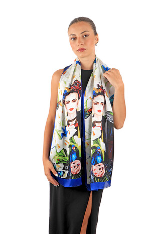 White Frida Silk Painting Foulard - Thumbnail