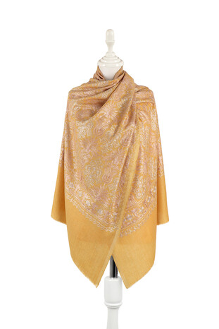 Yellow Embroidered Wool Silk Shawl - Thumbnail