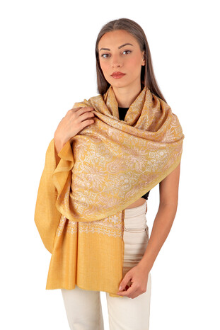 Yellow Embroidered Wool Silk Shawl - Thumbnail