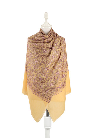 Yellow Embroidered Wool Silk Shawl - Thumbnail