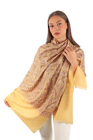 Yellow Embroidered Wool Silk Shawl - Thumbnail