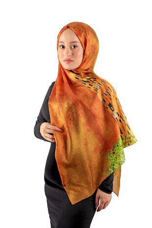 Yellow Patterned Voile Silk Imported Scarf - Thumbnail