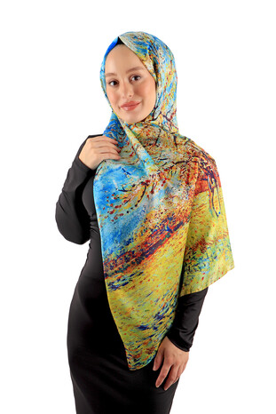 Yellow Patterned Voile Silk Imported Scarf - Thumbnail