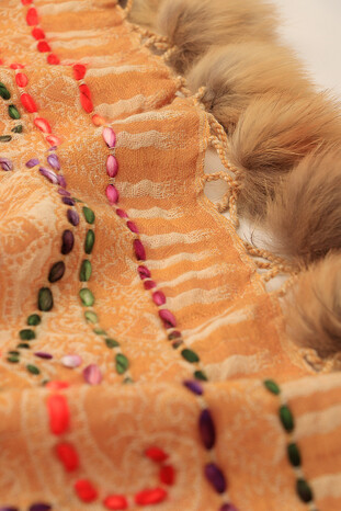 Yellow Washed Wool & Fur Pompom Shawl - Thumbnail